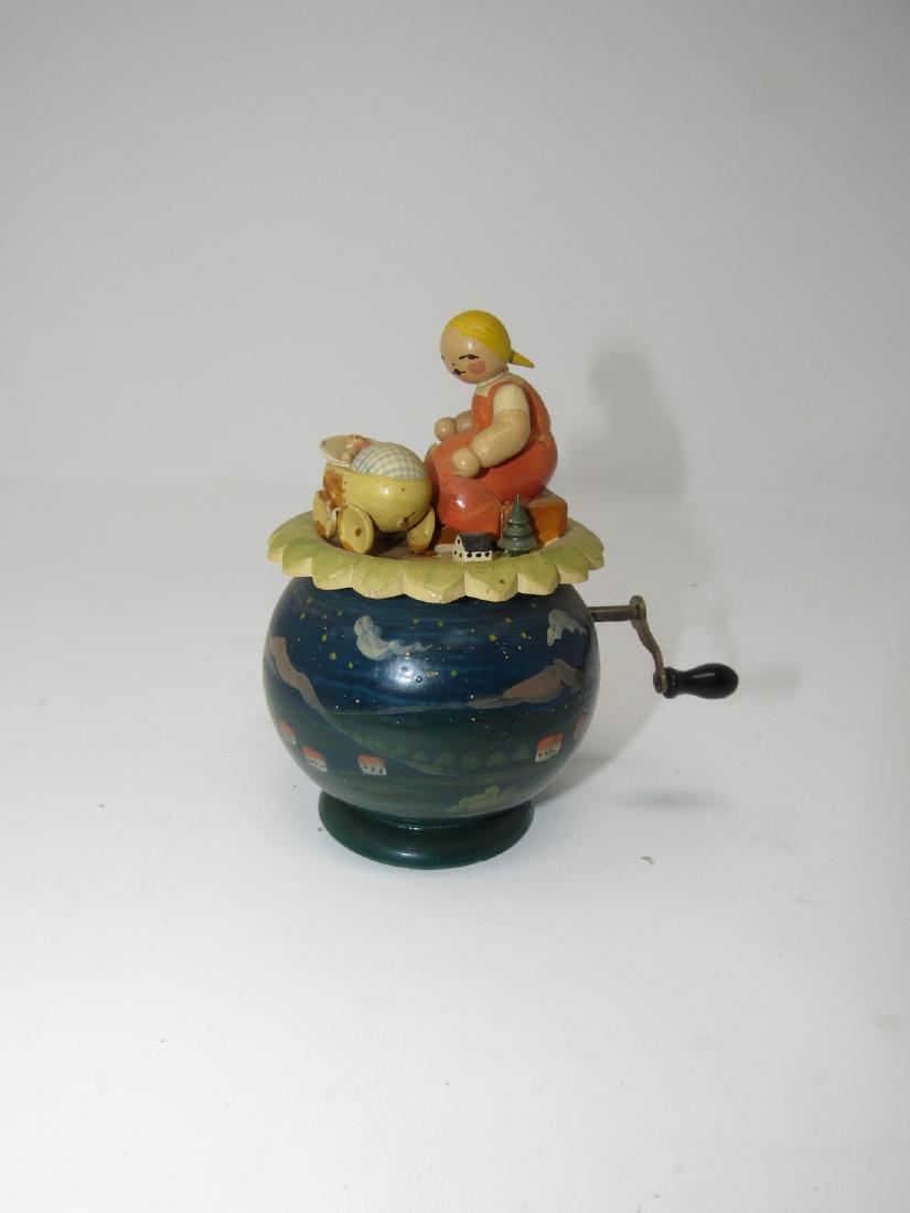 Wooden Wind Up Music Box: Approx. 5" tall. Stroller needs to be reglued on.