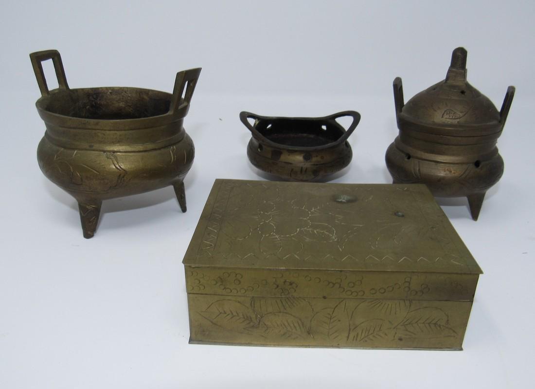 Brass Incense Pots and Box: Box is approx 3 1/8" x 4 1/8" x 1 3/8" tall
