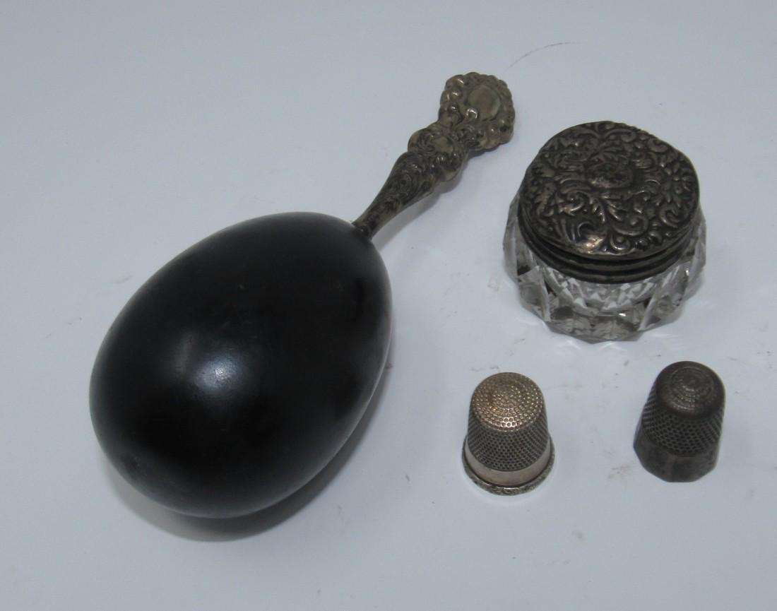 Pill Jar Sterling Silver Thimbles & Darner: Pill Jar Lid, darner handle, & one thimble is marked Sterling. Other thimble LOOKS like it could be sterling. Pill Jar is approx. 1 5/8" in diameter and has some stress cracks on inside rim of lid.