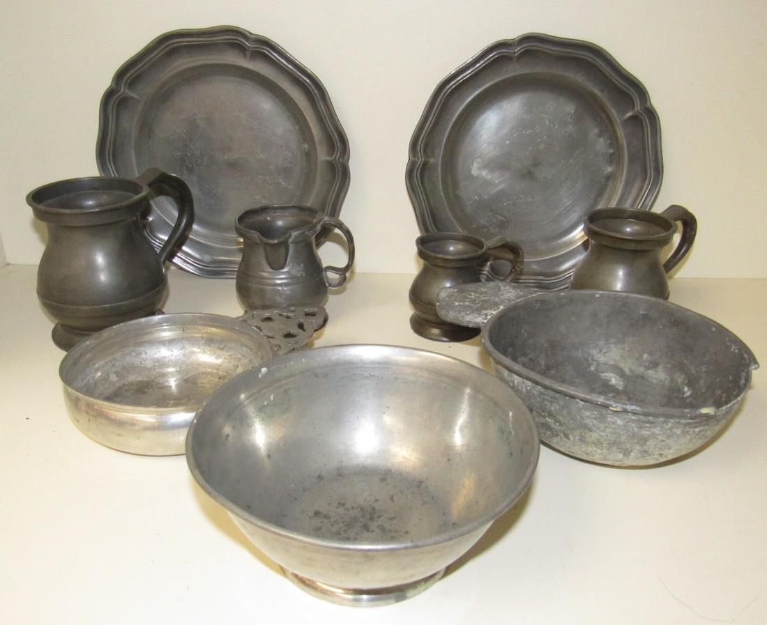 Mitchell Prince of Wales Pewter Measures & Misc Plates: Getting all pictured. Tallest measure is approx. 4" tall and plates are approx. 7 3/8" in diameter.