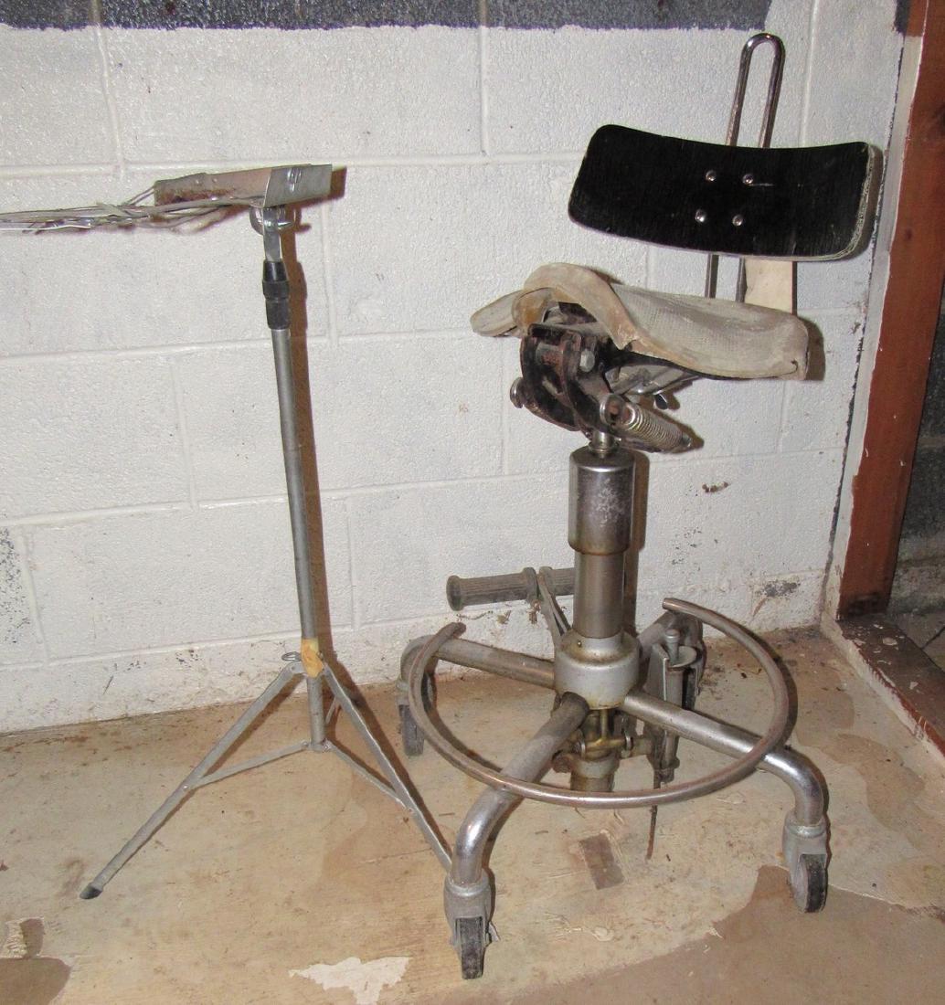 Lepper Musicians Stool and Sheet Music Holder: Chair has tear and wood backing is slightly rippled