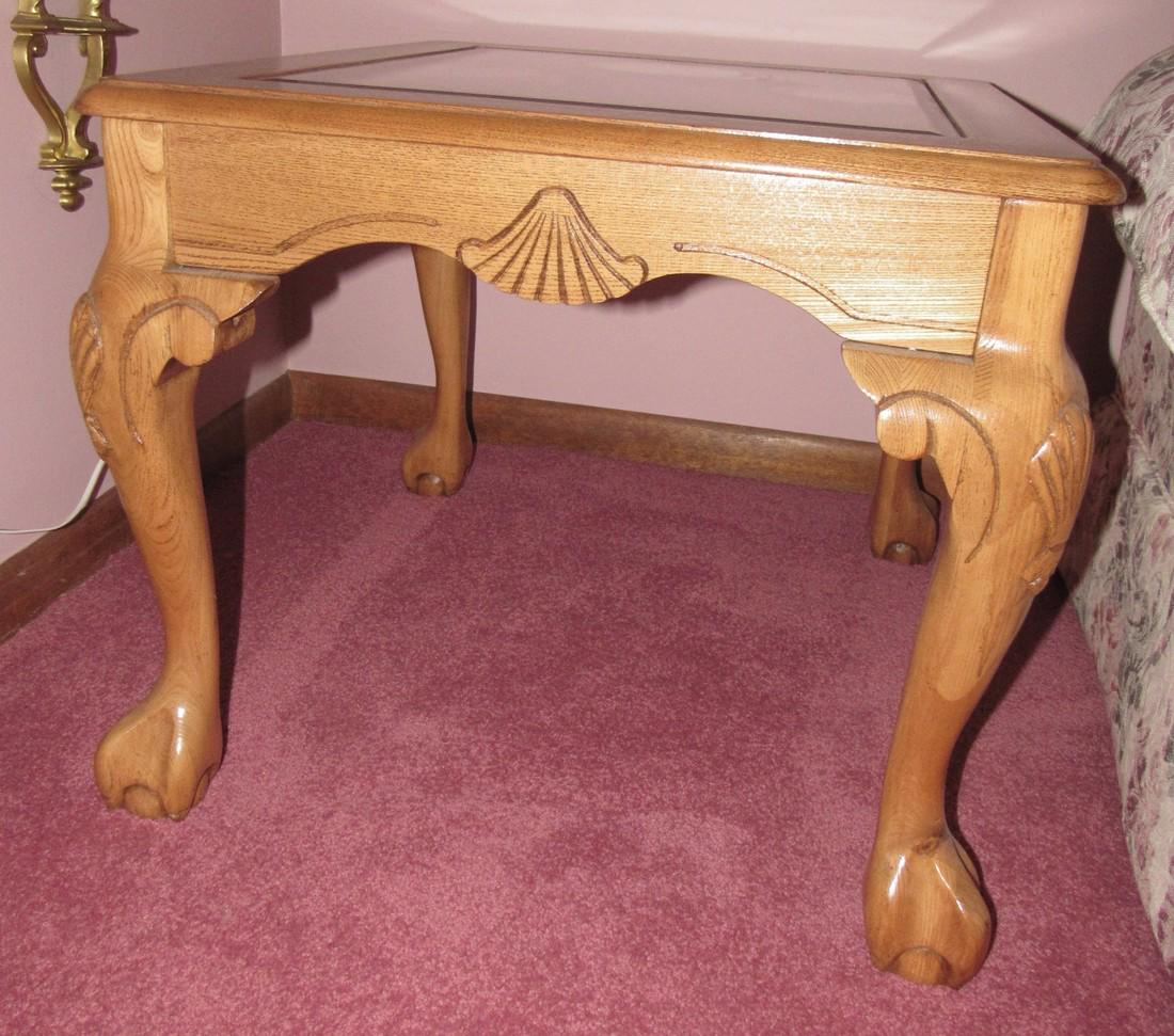2 Glass Top End Tables: Approx. 24" x 27" x 21" tall.