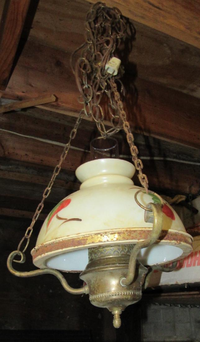 Electrified Hanging Lamp with Hand Painted Shade: Approx. 10" in diameter. Has some rust. Sold as is.