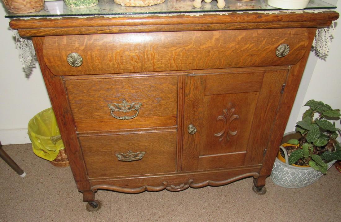 Oak Washstand: Washstand is approx. 19" X 34" X 30 1/2" tall.