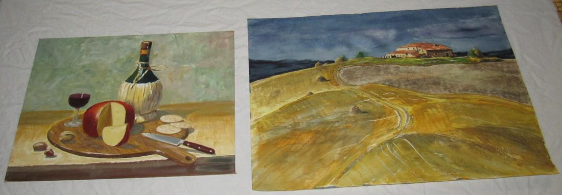 Still Life Oil On Board Painting & Landscape Watercolor (1 of 5)