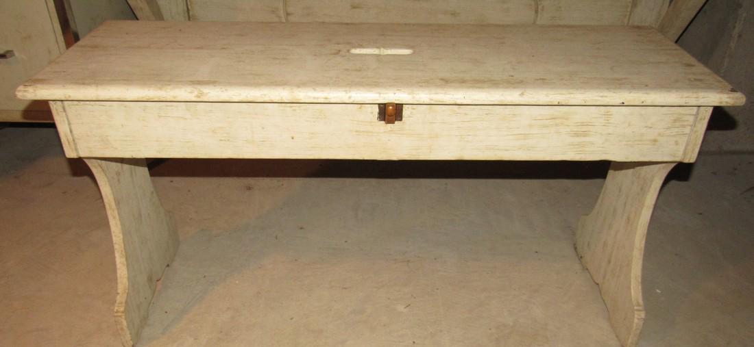 White Painted Piano Bench: Approx. 13" x 40 1/2" x 21" tall. Has slight crack on inside where hinge is