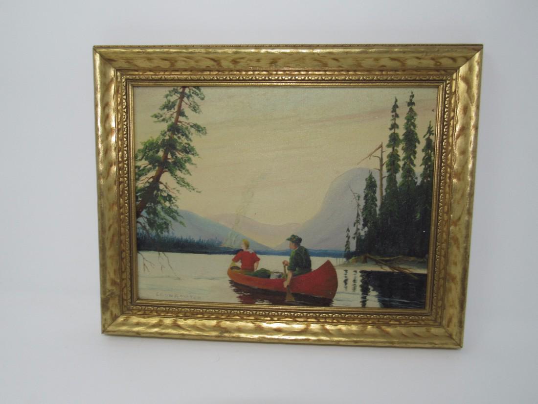 Leon Amster Lake Canoe Scene Oil on Canvas Painting (1 of 3)