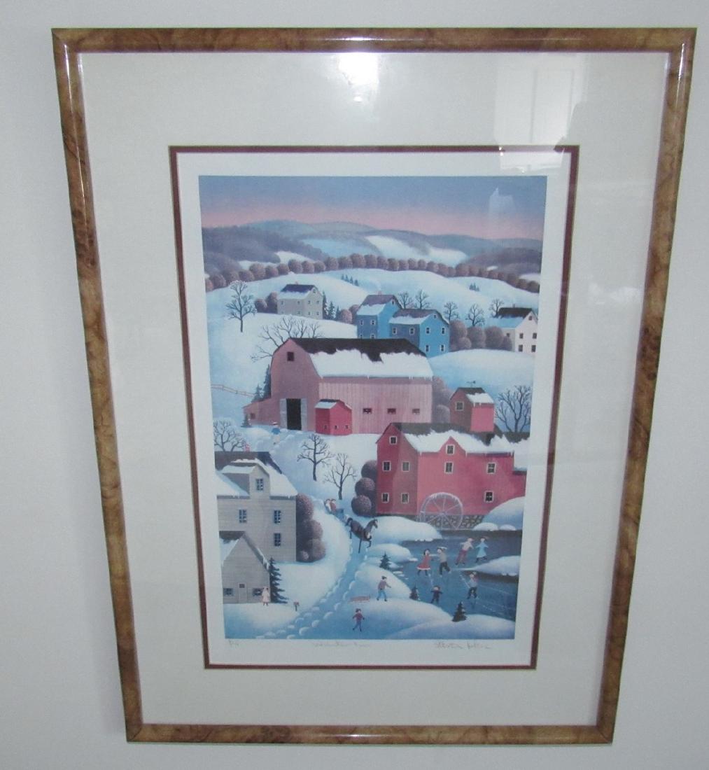 Winter Country Scene Barns Ice Skating Signed Print (1 of 3)
