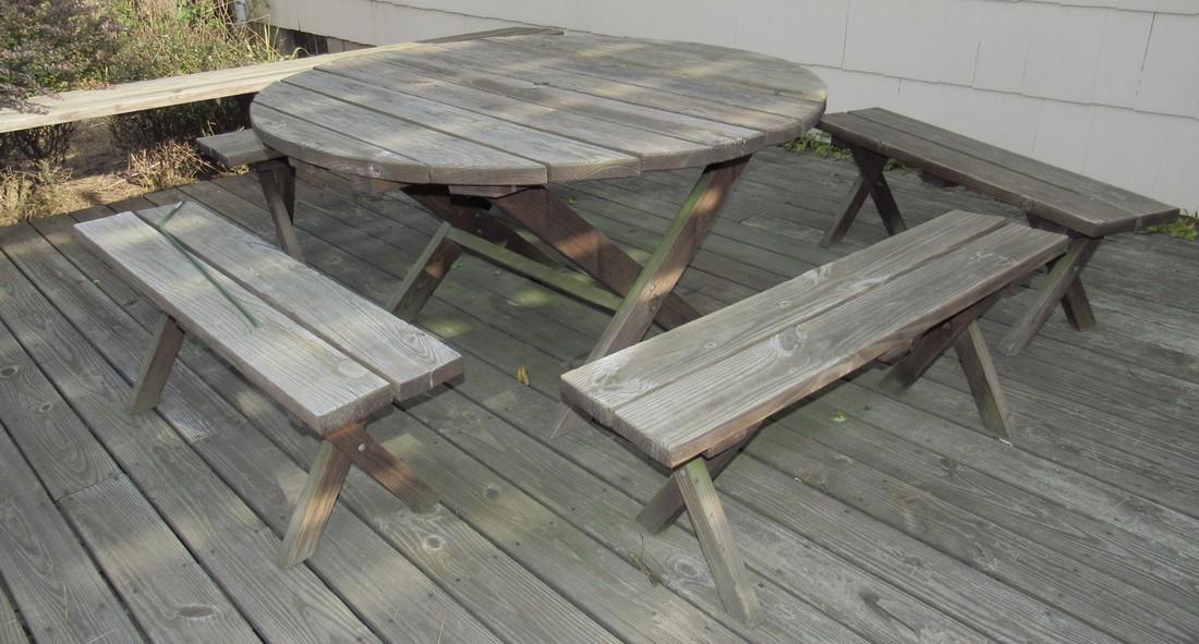 Wooden Patio Table 4 Benches Lounge Chair & Grill (1 of 4)