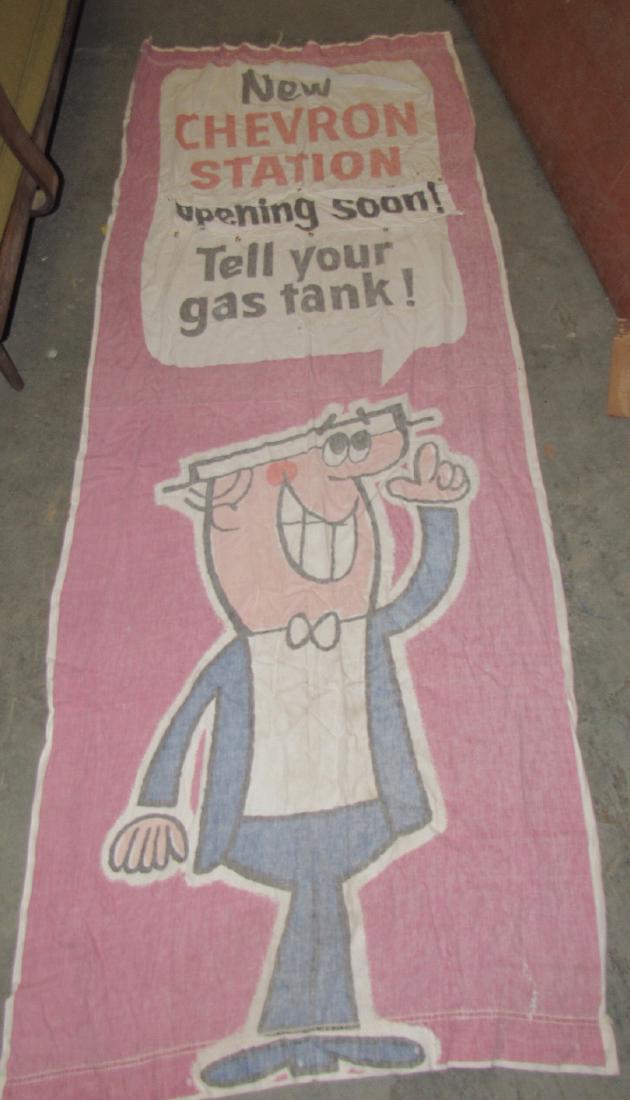 Chevron Gas Station Cloth Banner: Approx. 39" x 104" . Has " opening soon" added on with snaps