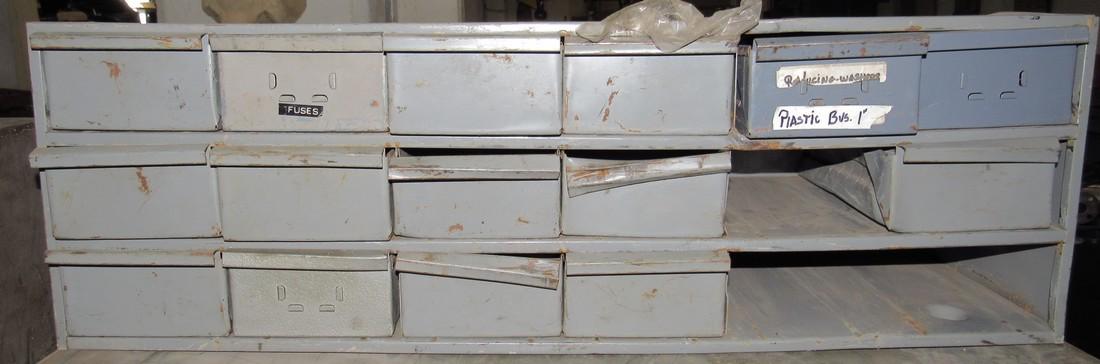 Parts Cabinet & Contents: Cabinet is approx 12" x 34" x 11" tall. Has dents, dings, & creases