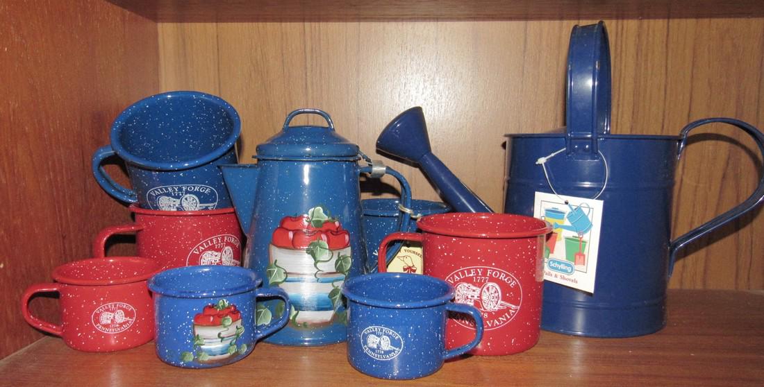 Valley Forge Mt Joy Enamel Cups Coffee Pot: Getting all pictured. Water Can is approx 9" tall