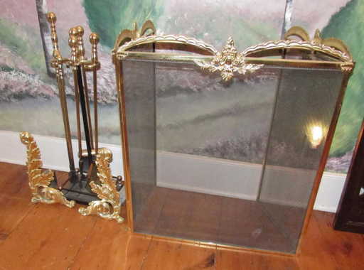 Brass Fireplace Set Screen Tools Andirons
