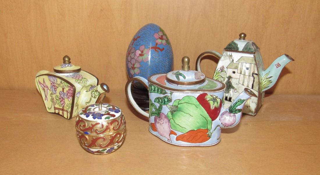 Miniature Cloisonne Teapots Egg Kelvin Chen: One is marked Chen. Tallest teapot is approx 3 3/4" tall