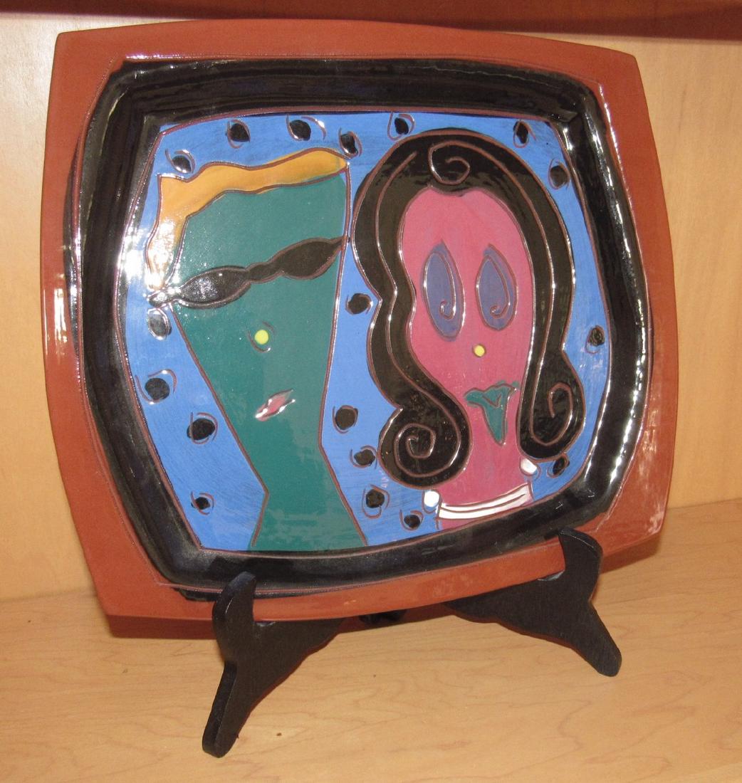 Redware Pottery Retro Tray Signed: Approx 11" x 12 1/4"