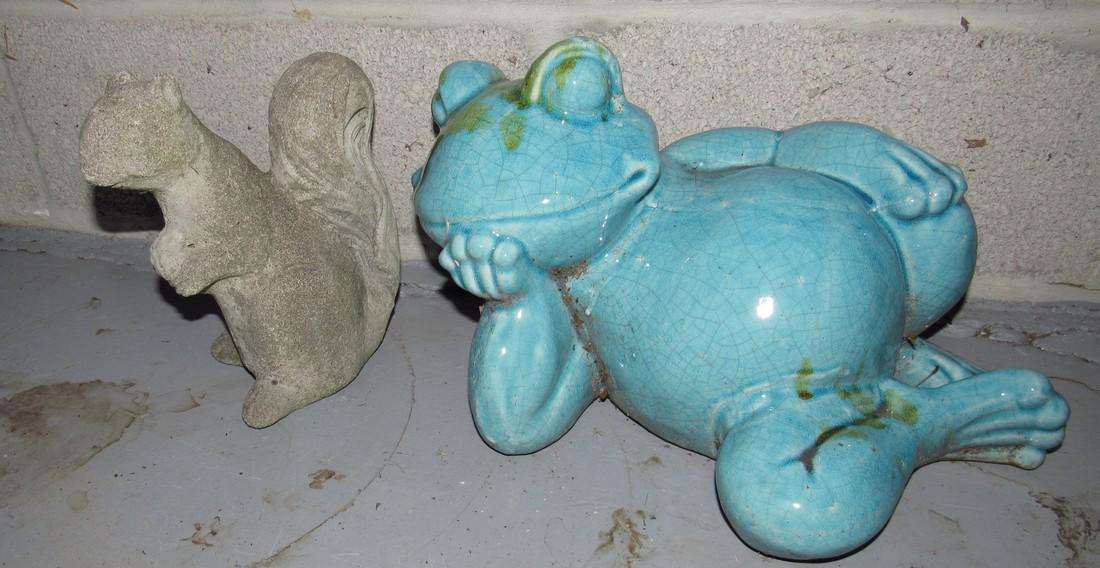 Ceramic Frog and Concrete Squirrel: Frog is approx 13" x 8 1/2" tall and has crazing to it