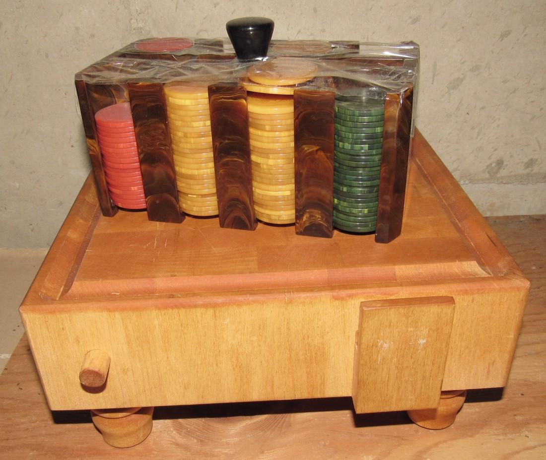 Cutting Block and Poker Chips: Cutting board / block is approx 10" x 10" x 5" tall. A couple poker chips are missing