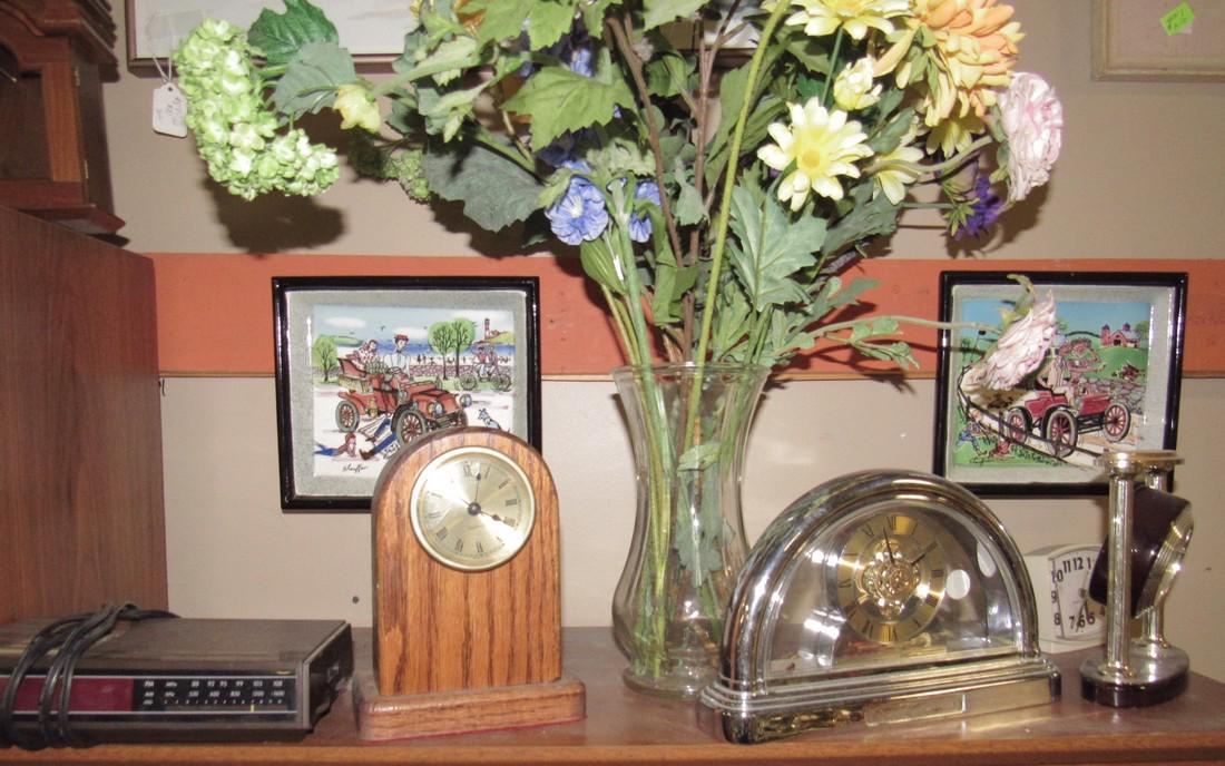 Clocks and Vase: Wooden clock is approx. 7" tall