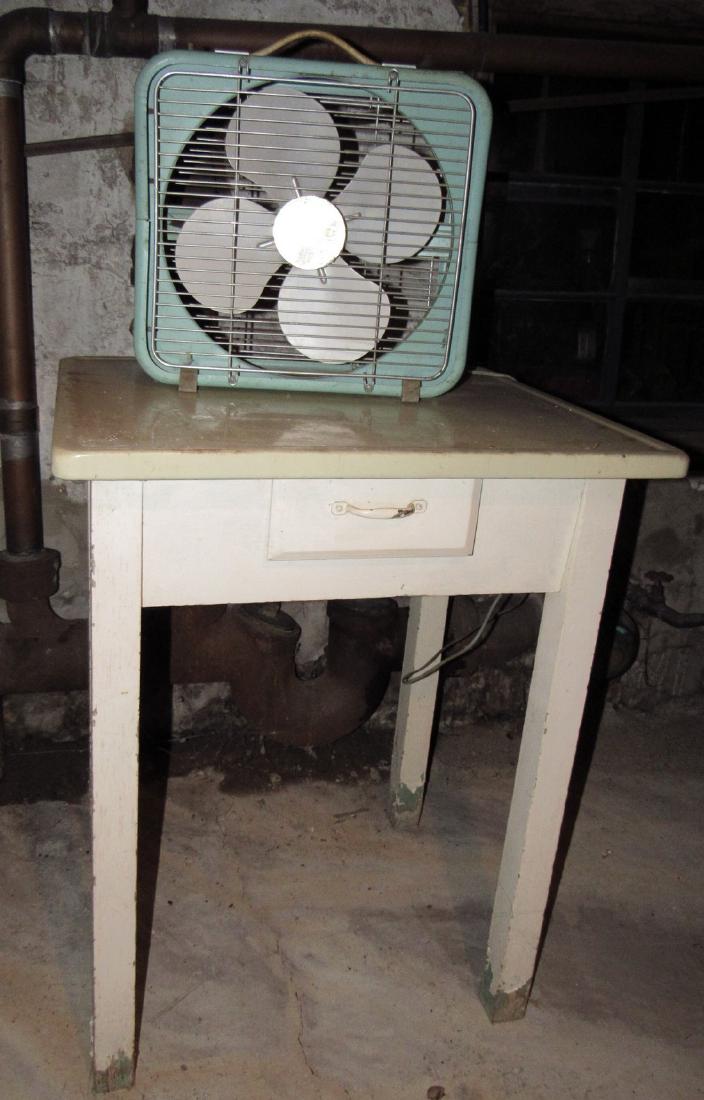 One Drawer Porcelain Top Table & Ven Torro Fan (1 of 2)