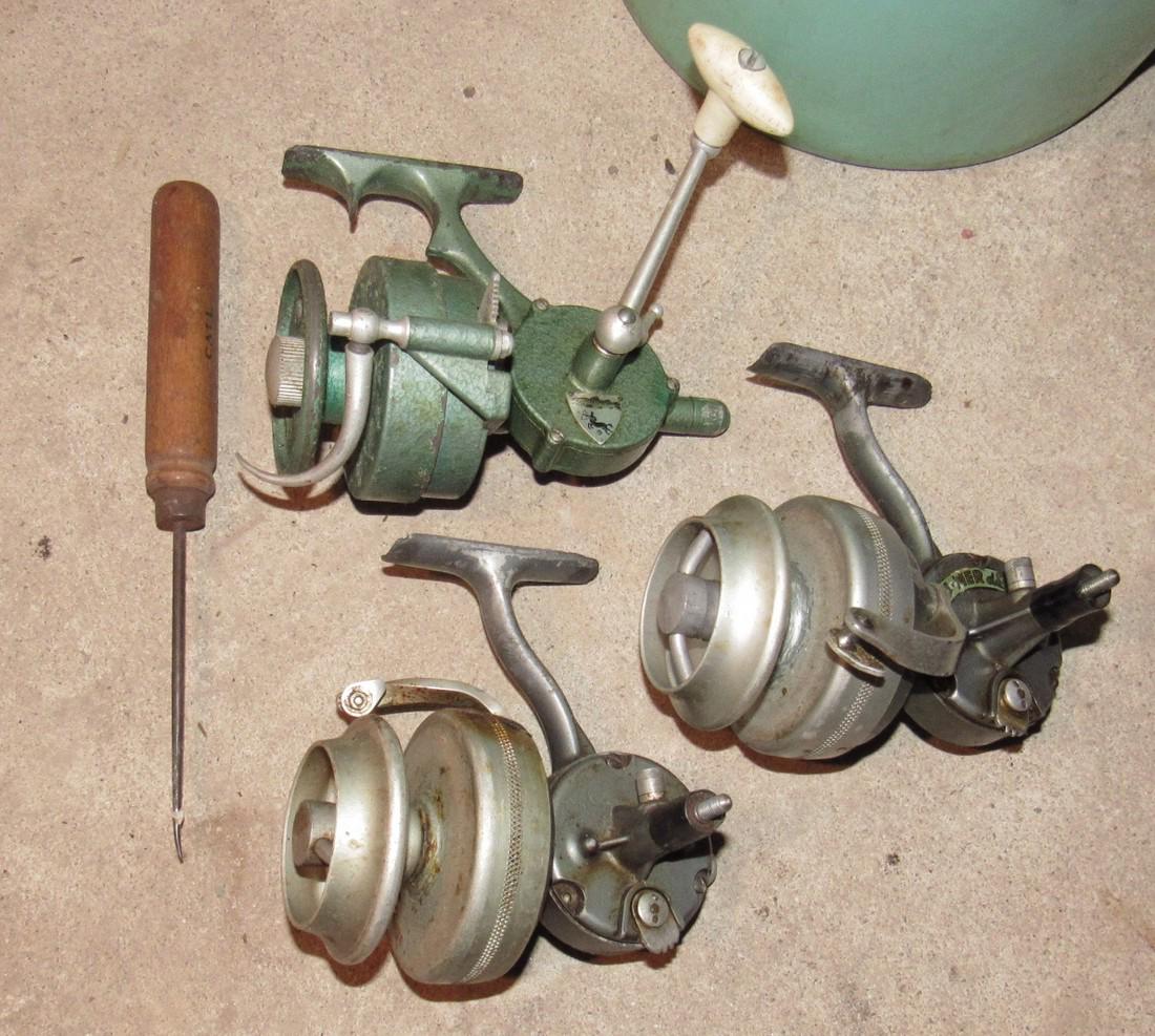 3 Fishing Reels and Ice Pick: Reels sold in untested condition