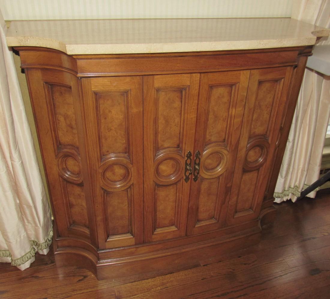 Marble Top Console Cabinet: Approx 13" x 38" x 33" tall. Does not include contents