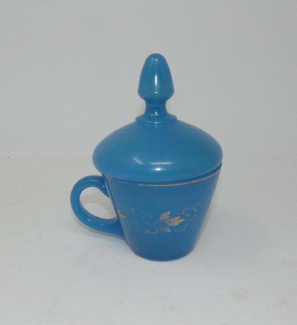 Blue Opaline Glass Lidded Cup: Approx 3 1/2" in diameter and 6" tall. Lid has chip on rim.