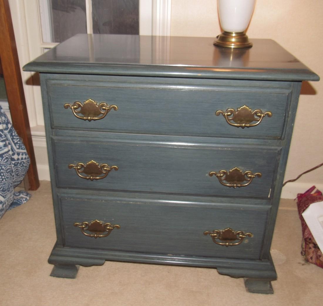 Blue Painted Nightstand: Apprx 16" x 24" x 24" tall. Has some wear on top . Lamp not included