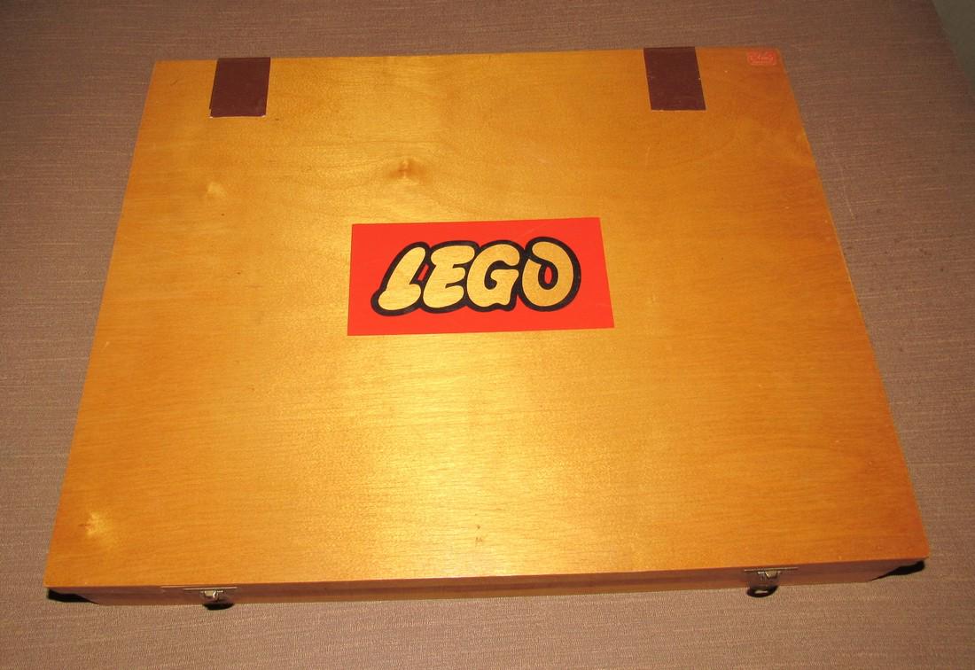Wooden Lego Box and Legos: Box is approx 15" x 18" x 3 1/2" tall. Box has damage where hinges attach