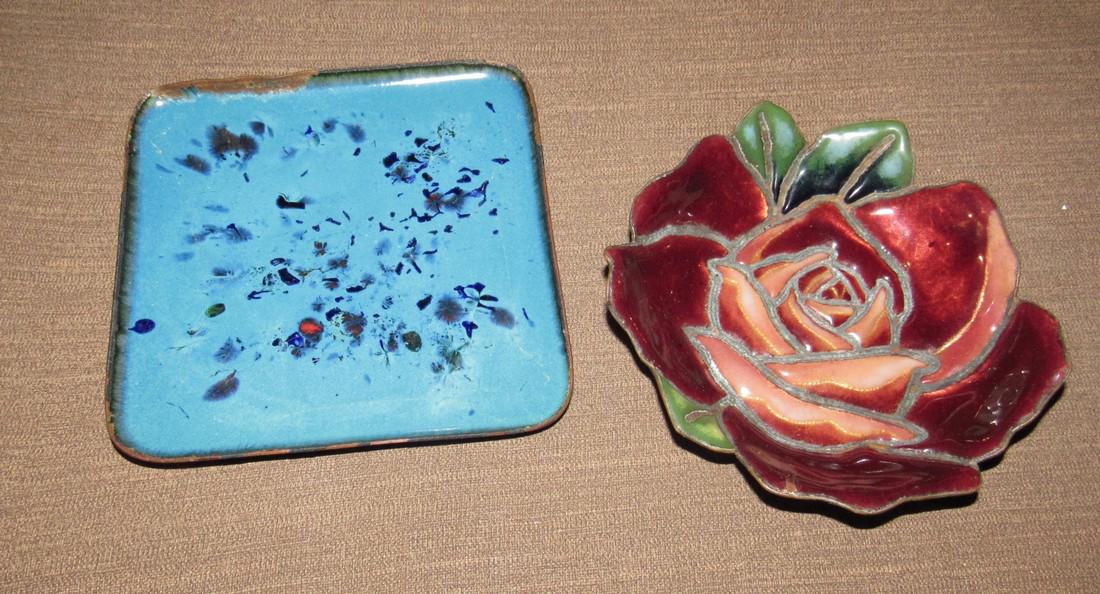 Enameled Trays: Square one is approx 4 5/8" square and has a small dent on edge