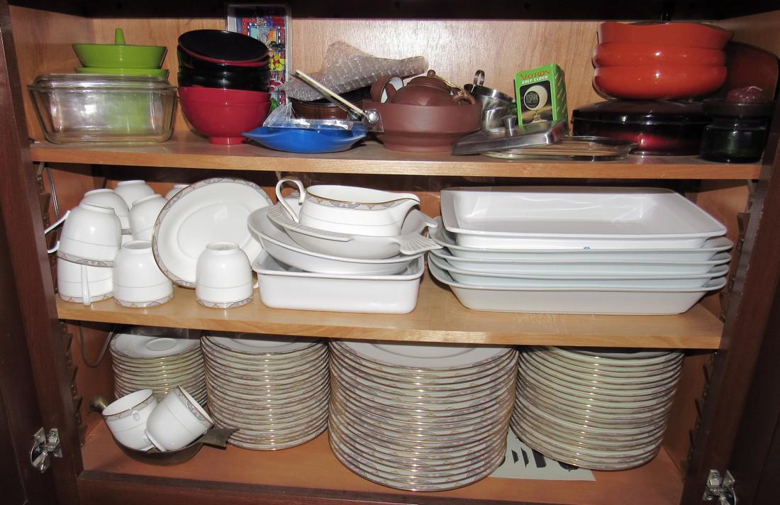 Mikasa Dansk Pyrex Oriental Lot: Getting all pictured in cabinet. Take what you want and leave the rest. There is one mikasa cup that has a broken handle. We do not visually inspect every piece. Sold as is , as pictured.