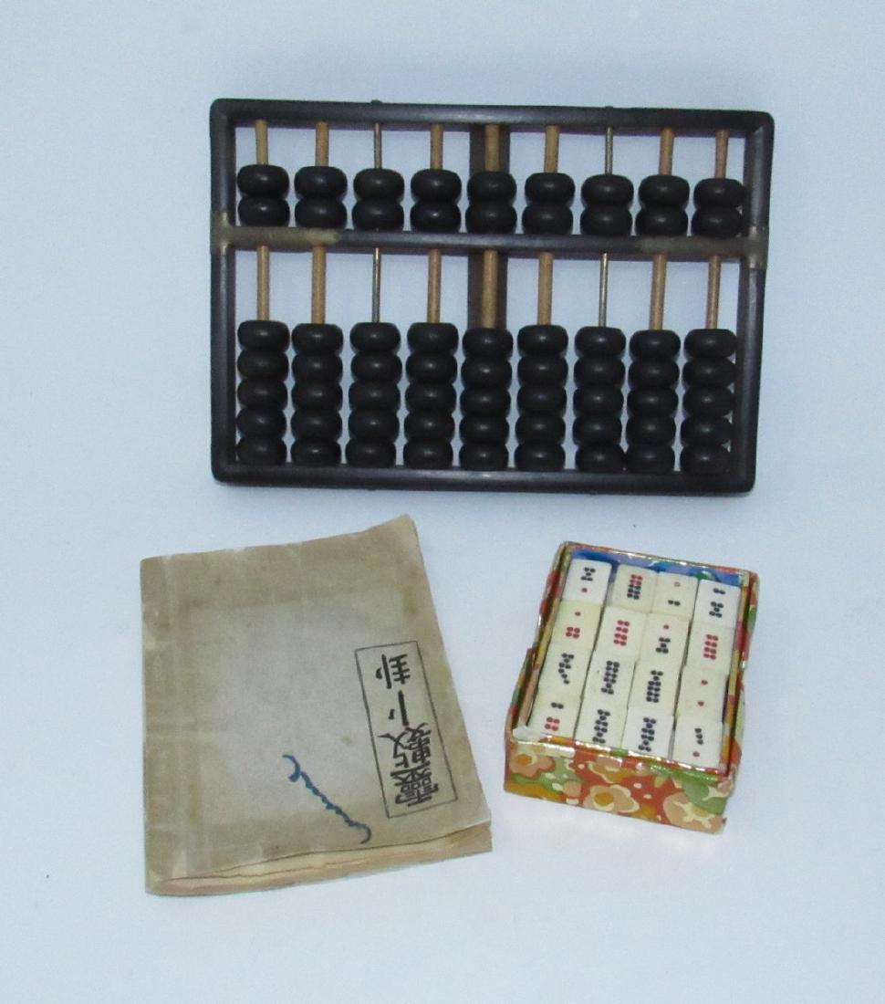 Oriental Game Mah Jong Pieces & Book: There are 32 tile pieces approx 7/16" x 5/8" x 1". Getting all pictured.