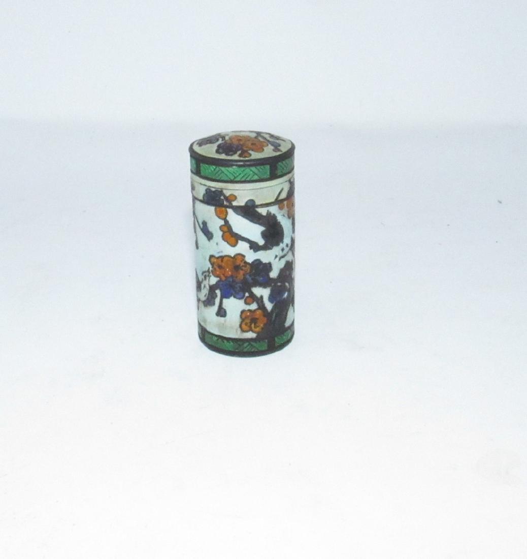 Silver Enameled Toothpick Holder: Approx 1 1/8" x 2 3/8" tall. Marked Silver on bottom