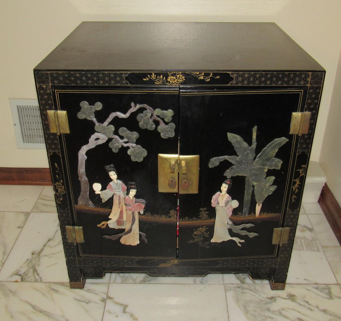Oriental Black Lacquer Cabinet: Approx 18 1/2" x 22" x 23" tall. DOES NOT INCLUDE CONTENTS