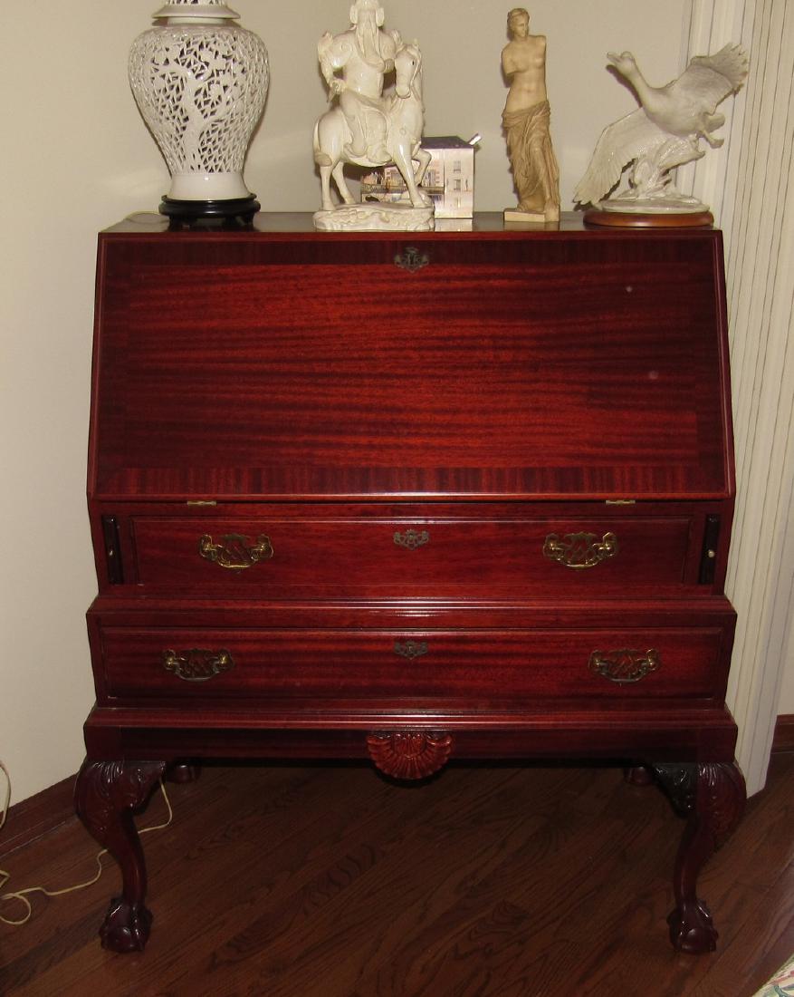 Mahogany Slant Front Desk W/ Ball & Claw Feet: Approx 21" x 39 1/2" x 43" tall. Includes items in it, but not on top.