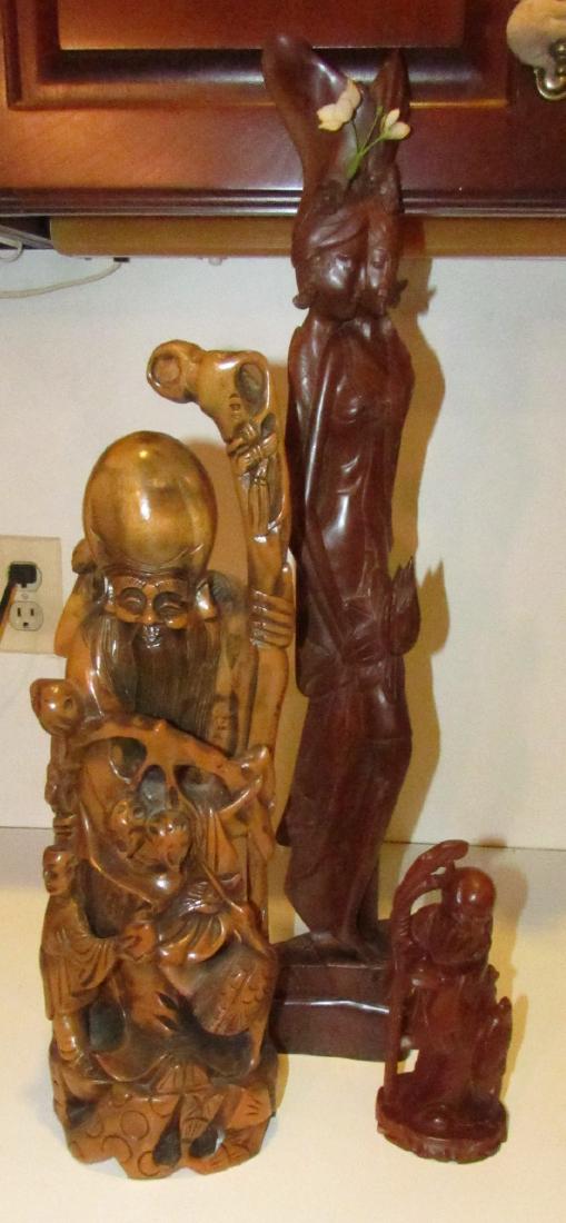 3 Carved Oriental Figures: Tallest is approx 25 1/2" tall