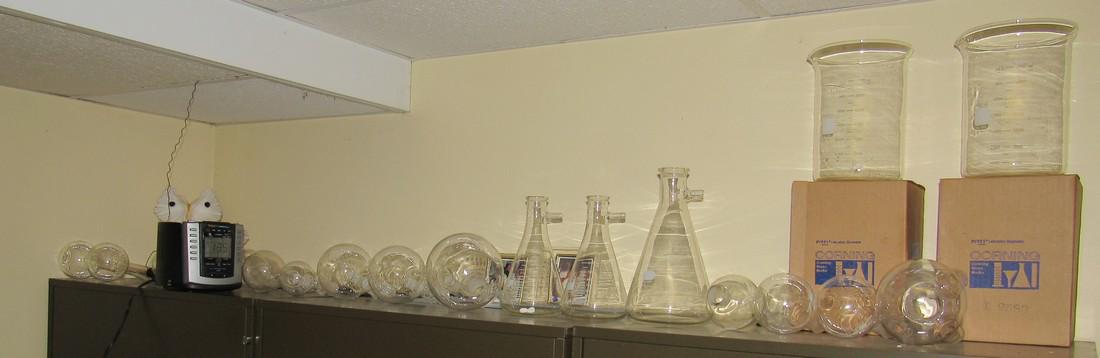 Pyrex Corning Glass Lab Equipment Supplies: Getting all pictured on top of cabinet.