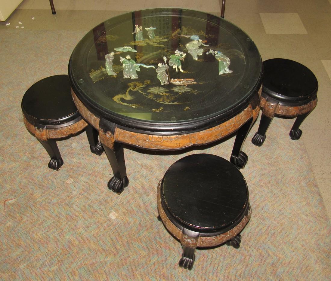 Oriental Tea Table and 4 Stools: Table is approx 31" in diameter and 20" tall. Has big chip in glass on top