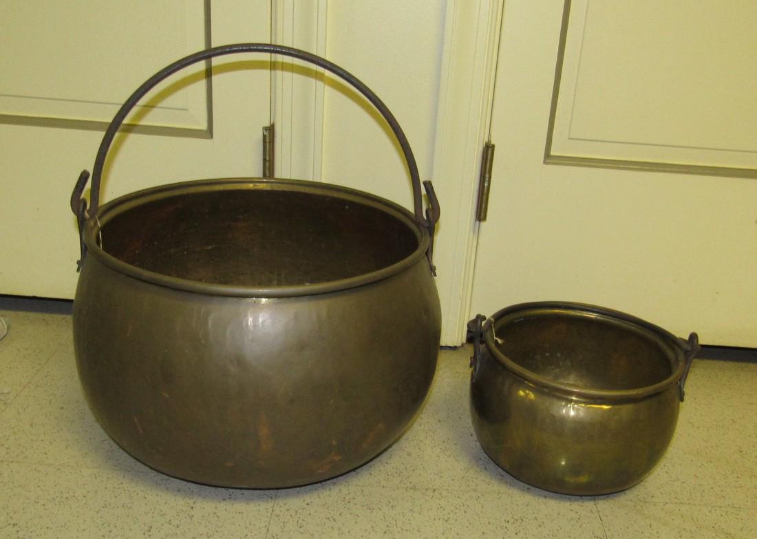 2 Reproduction Brass Kettles: Larger is apprx 13" in diameter and 9" tall