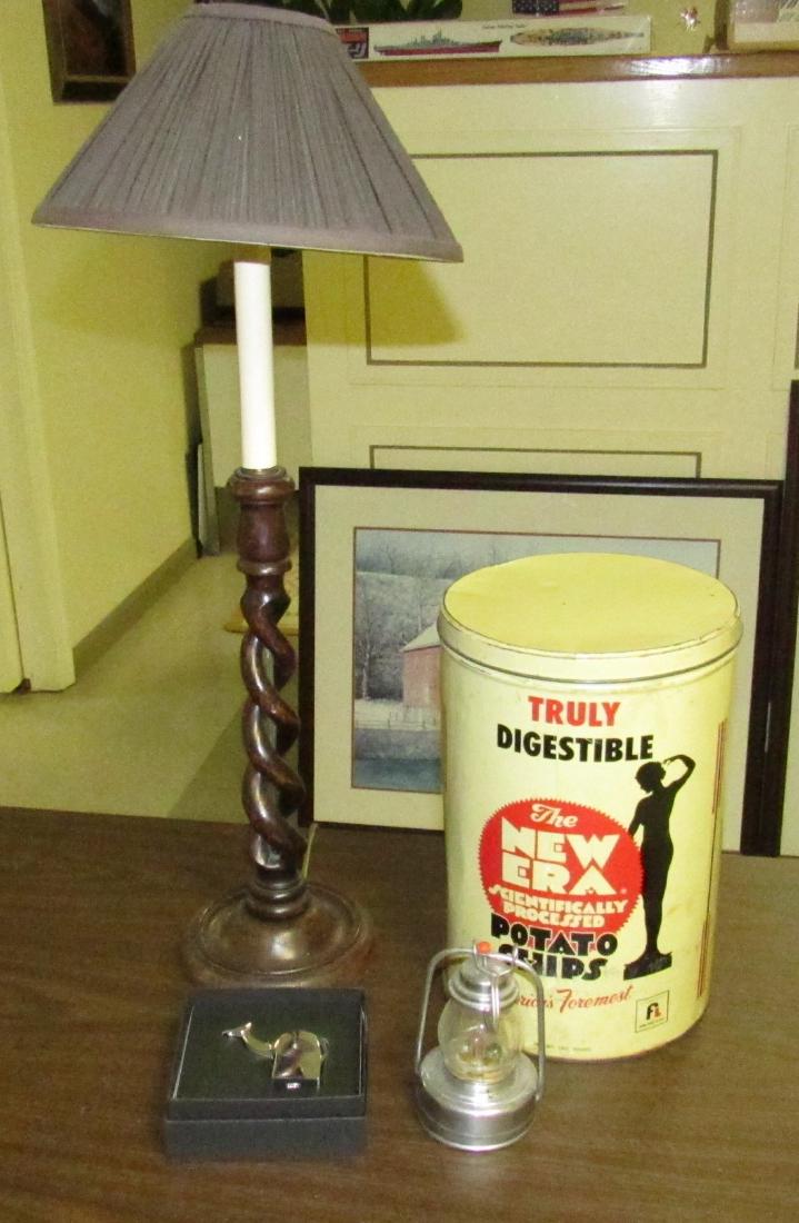 Potato Chip Tin Dansk Camel Battery Operated Lantern: Lot also includes lamp ( 25" tall ). Tin has dents and dings in it