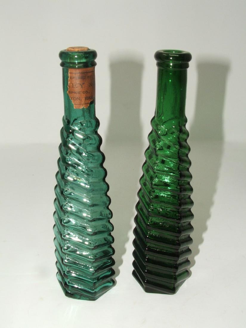 2 Spice Bottles - Emerald & Light Green: Approx. 8" high; one has paper lable