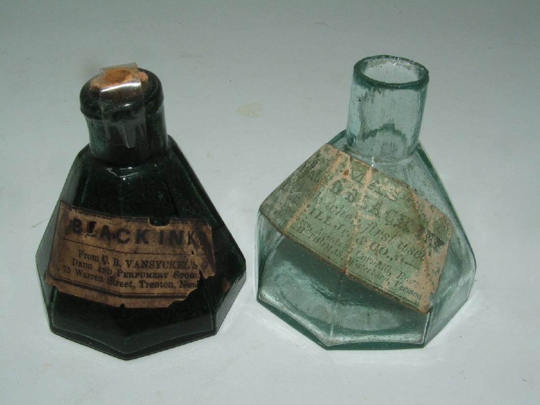 2 Antique Ink Bottles Vansyckel's Drug Store: Vansyckels bottle is approx 2 5/8" tall. No chips or cracks. Other bottle has some chipping on rim