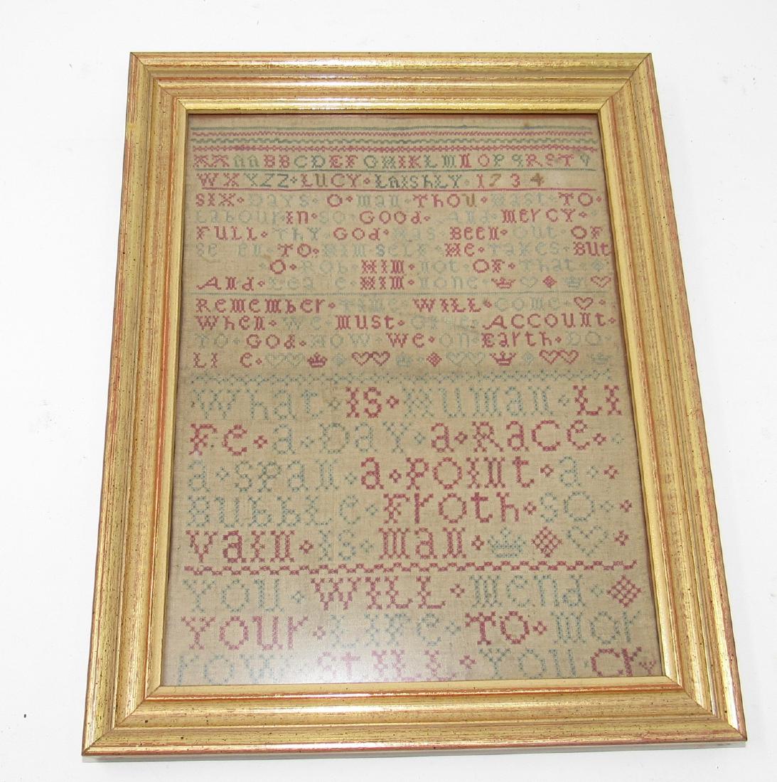 1734 Lucy Laishly Very Fine Needle Work Sampler: Approx 9 1/2" x 12"