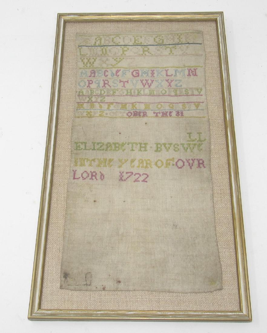 1722 Elizabeth Buswk Needlework Sampler: Approx 8" x 14 1/2"
