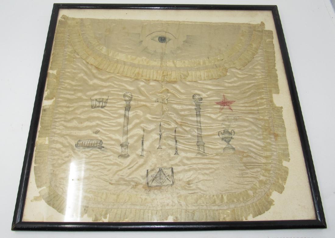 Amos Chapter 18 Century Masonic Apron Framed: Approx 17 1/4"x 18". Has some damage
