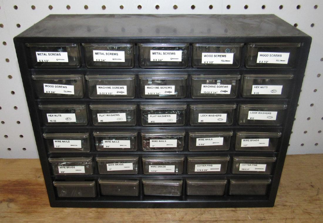 Parts Cabinet with Some Hardware: Approx 5" x 11 3/4" x 9" tall