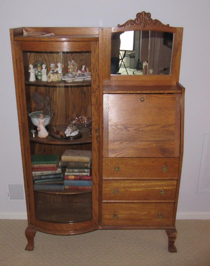 Oak Secretary Desk: Approx 13" x 39 1/2" x 62" tall. DOES NOT INCLUDE ITEMS IN OR ON IT