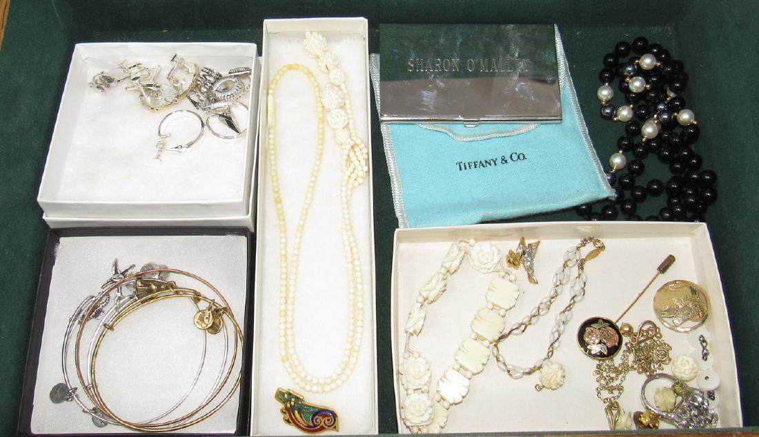 Mixed Lot of Jewelry Neckalces Earrings Rings: The Tiffany Card holder is silver plate.