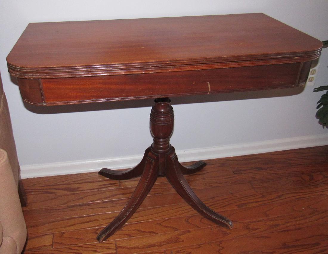 Duncan Phyfe Side Table: Opened up, it is approx. 38" square and 29 1/2" tall. Has a couple light scratches.