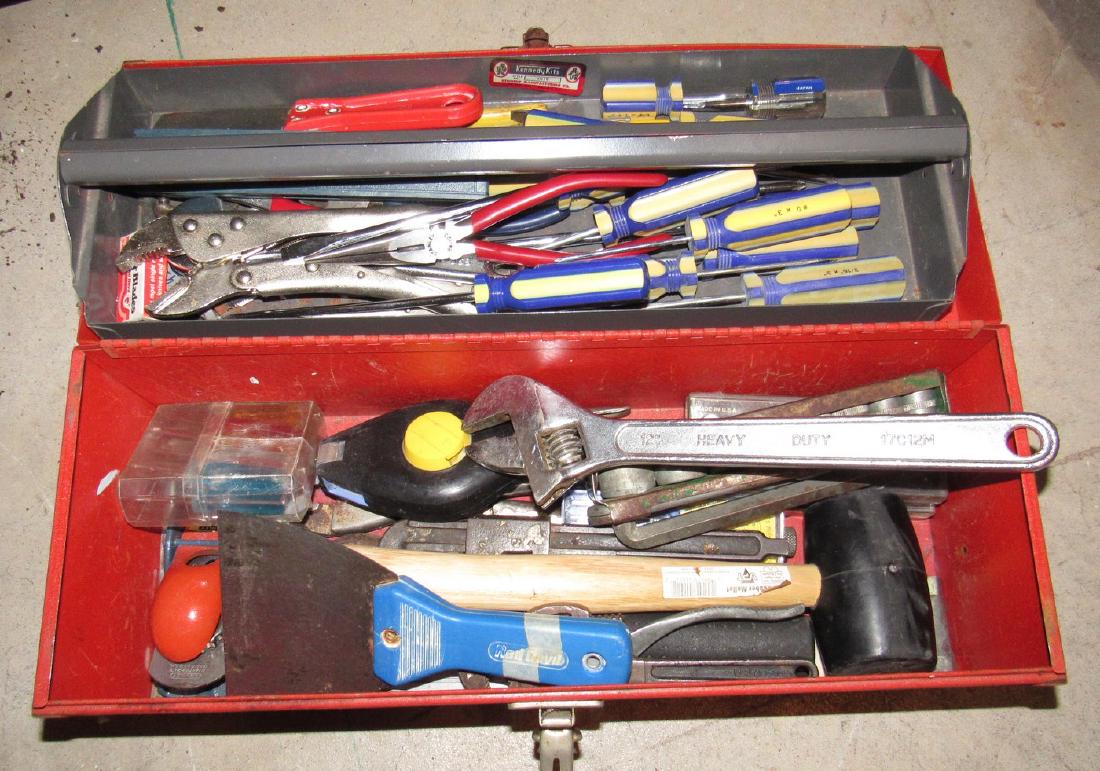 Kennedy Tool Box and Contents: Tool box has dents and dings