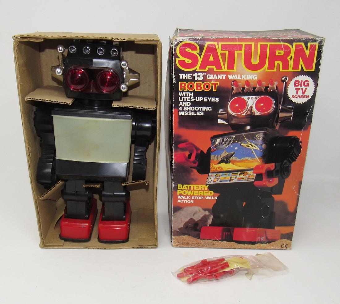 Saturn Giant Battery Operated Giant Robot: 13" tall. Sold in untested condition. No damage to it. Box has some wear